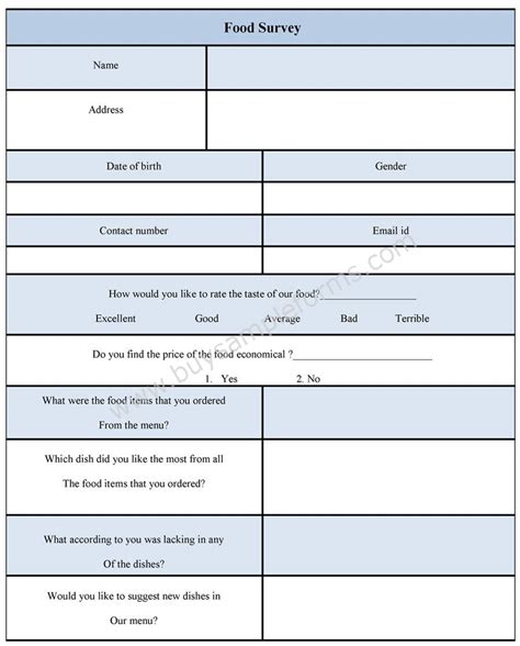 Food Survey Form | Sample Food Survey Form and Template