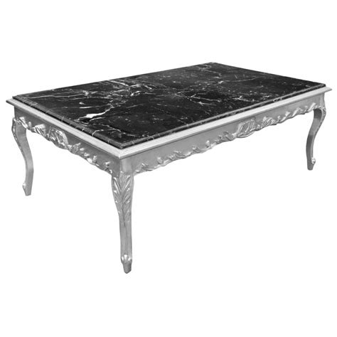 Large coffee table Baroque style silvered wood and black marble