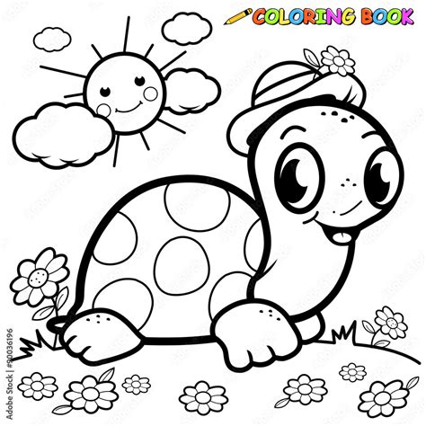 Happy cartoon turtle in the garden. Vector black and white coloring page Stock Vector | Adobe Stock