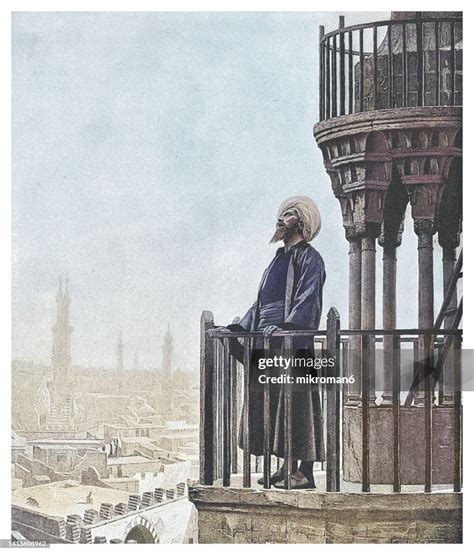 Old Engraved Illustration Of Muezzin Person Who Proclaims The Call To ...