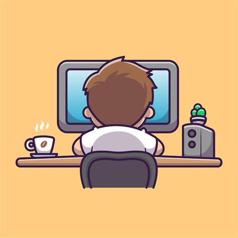 Free Vector | Cute Man Working On Computer With Coffee Cartoon Vector ...