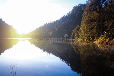 Reflection of Trees in Clear Water at Sunrise on Ranu Kumbolo Lake ...