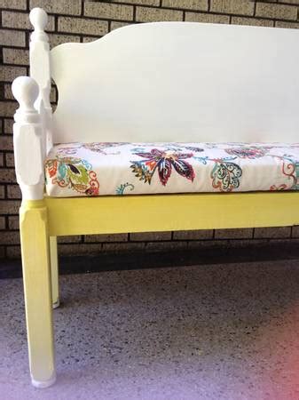 white and chartreuse bench with funky floral cushion. LUV!!