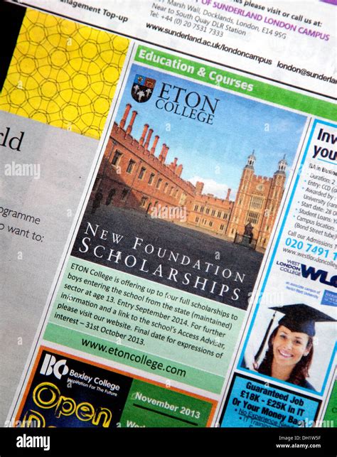 Newspaper advert for Eton College scholarships for state school boys Stock Photo - Alamy