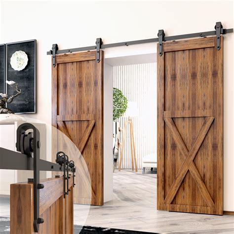 Homacer Black Rustic Sliding Barn Door Hardware Kit, for Two/Double Doors, 14ft Long Flat Track ...