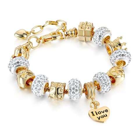 Gifts Gold Color Crystal Heart Charm Personalized pandora Bracelets & Bangles For Women Trendy ...