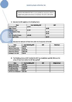 Calculating GST Worksheet (Based on 10% GST in Australia) | TPT