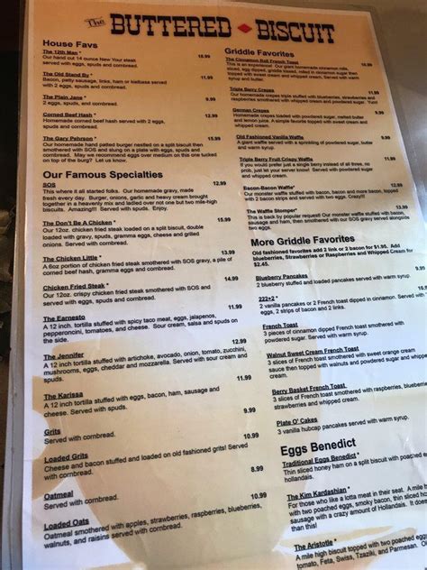 Menu at The Buttered Biscuit restaurant, Sumner