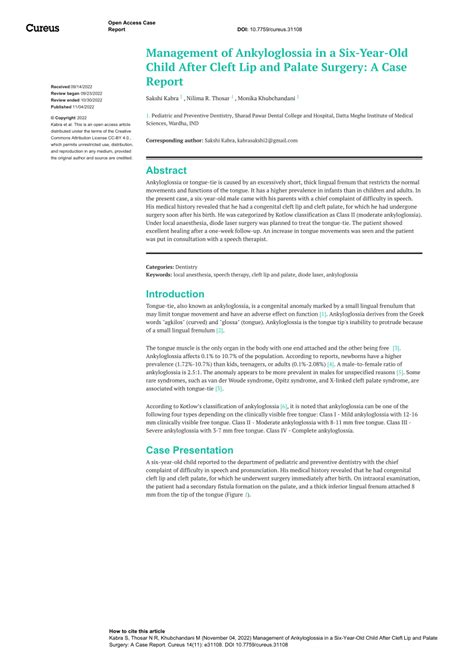 (PDF) Management of Ankyloglossia in a Six-Year-Old Child After Cleft Lip and Palate Surgery: A ...