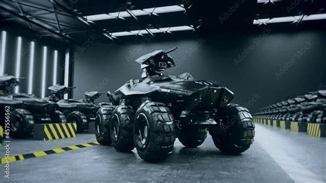 Futuristic military tanks in military base. Realistic 4k animation ...