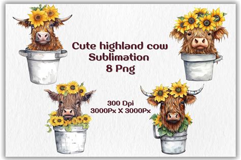 Cute Highland Cow Clipart,highland Cow and Sunflower Watercolor ...