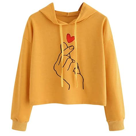 women yellow crop top hoodie Winter Kawaii Cat Ear cute Hoodie Pullovers Women Autumn Long ...