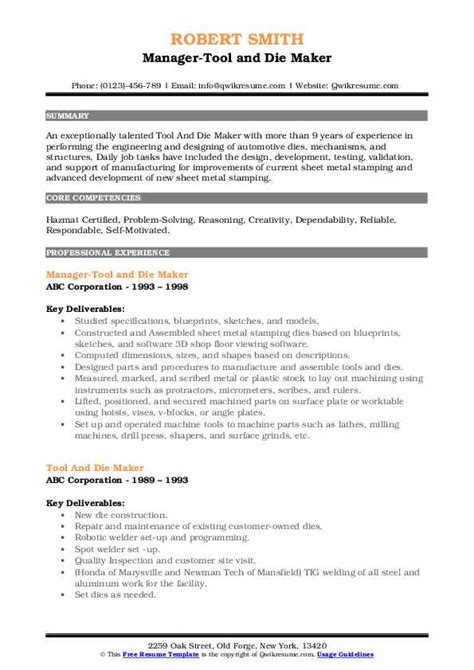 Tool And Die Maker Resume Samples | QwikResume