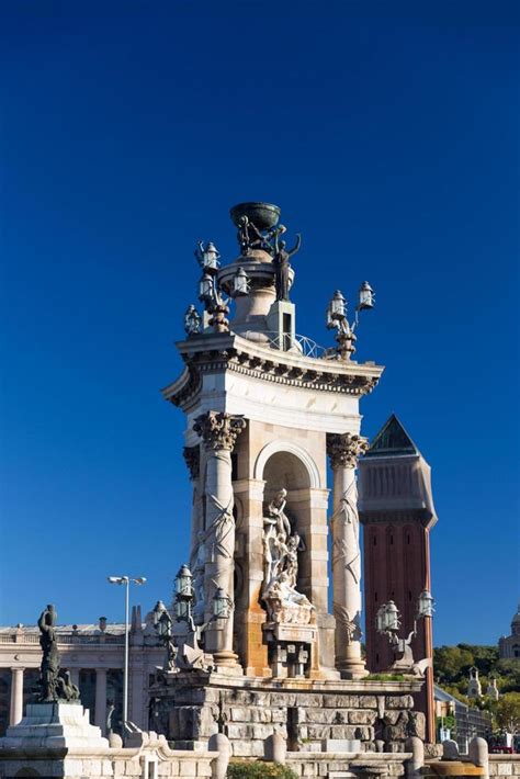 Barcelona, Spain, 2022 - Plaza de Espana fountain with National Palace in background, Barcelona ...