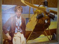 An oil painting of Amelia Earhart and her first plane, a Kinner Airster ...