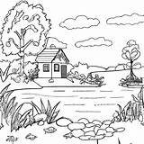 Cottage By A Lake Landscape Coloring Page Black And White · Creative  sketch template