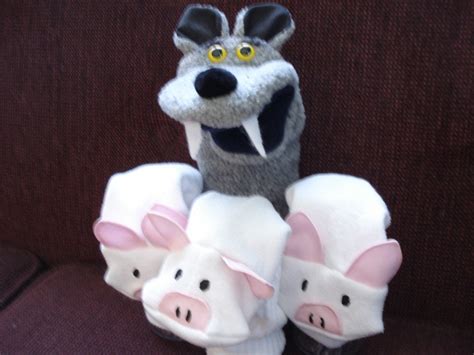 Big Bad Wolf hand puppet and Three Little Pigs sock puppets