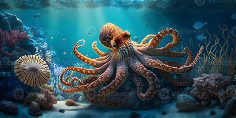Octopus in Colorful Coral Reef Habitat, 21752315 Stock Photo at Vecteezy
