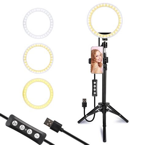 10" Selfie Ring Light with Tripod Stand & Cell Phone Holder for Live Stream/Makeup, TSV Dimmable ...