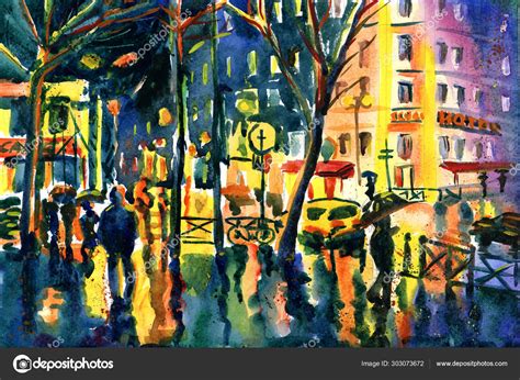 Watercolor drawing of the night city. Stock Illustration by ©Sucares #303073672