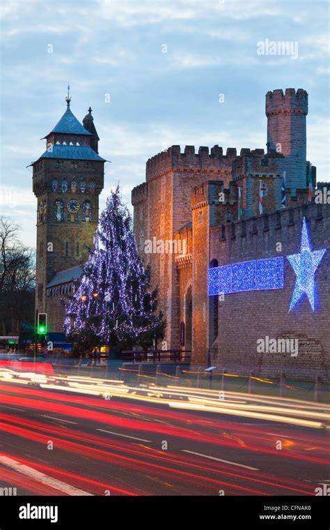 Cardiff Castle with Christmas lights and traffic light trails, Cardiff ...