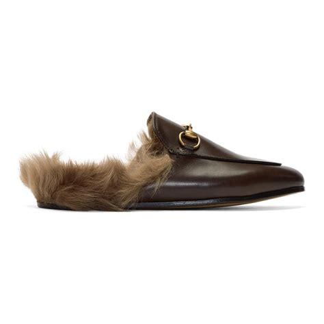 Gucci Brown Fur Princetown Slippers - Lyst