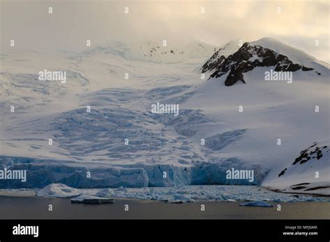 Glacier at sunrise, with atmospheric cloud and mist, Neko Harbour, Andvord Bay, Graham Land ...