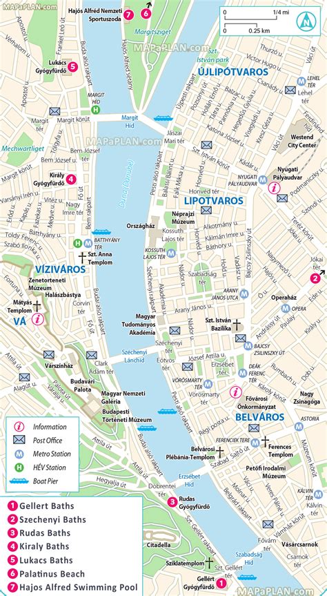 Budapest large scale map - Thermal turkish baths, spas, swimming pools including Szechenyi ...