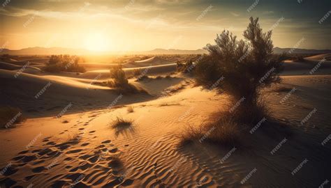 Premium AI Image | A desert landscape with a sunset in the background