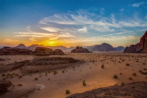 Sunrise on Wadi Rum desert stock image. Image of sand - 144279269