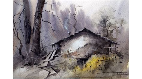 How to paint old hut watercolour landscape painting - YouTube