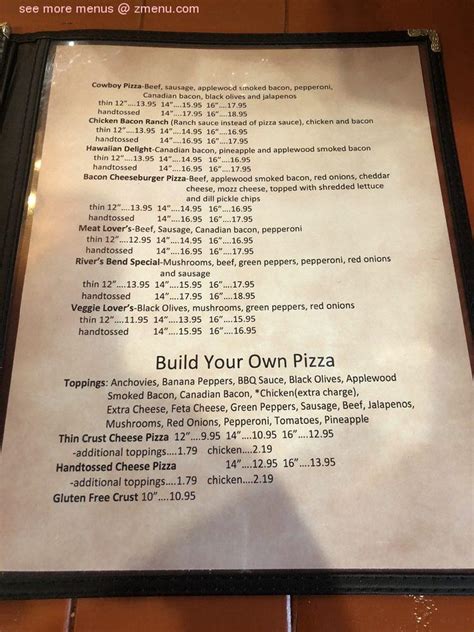 Menu at River's Bend Pizzeria & Grill, Belle