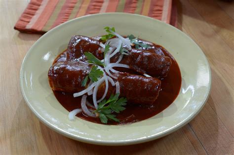 Rick Bayless | Chicken Enchiladas in Brick-Red Mole | Mexican food recipes, Mexican food recipes ...