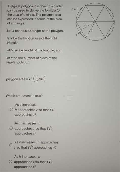 Solved: A regular polygon inscribed in a circle can be used to derive the formula for the area ...