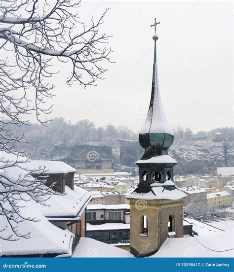 Snowy winter in Salzburg stock image. Image of urban - 70298417