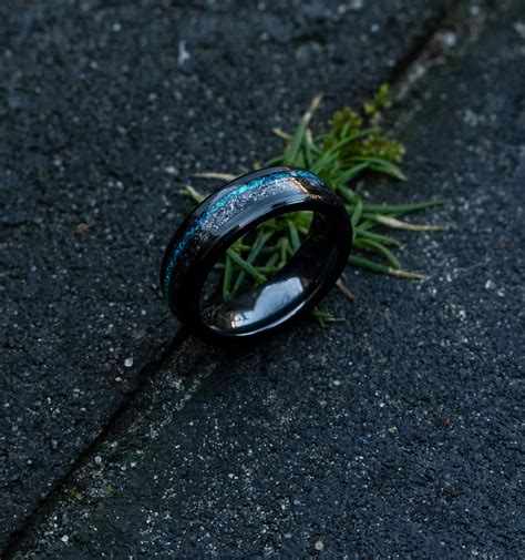 Black galaxy ceramic ring, wedding, mens wedding band, opal ring, boyfriend gift, tungsten ring ...