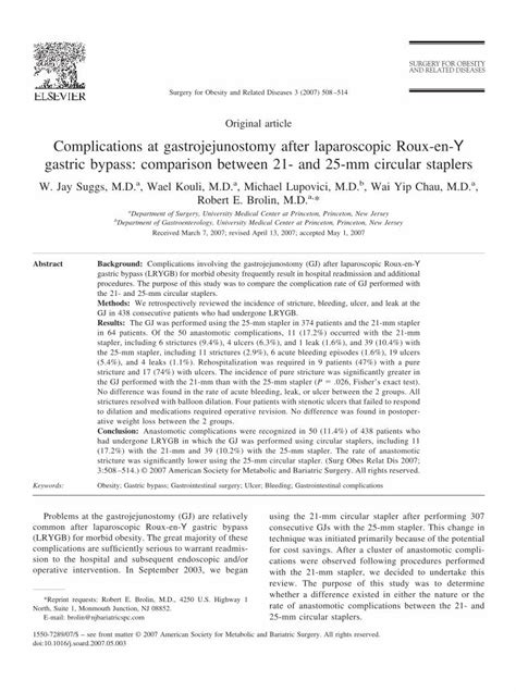 (PDF) Complications at gastrojejunostomy after laparoscopic Roux-en-Y gastric bypass: comparison ...