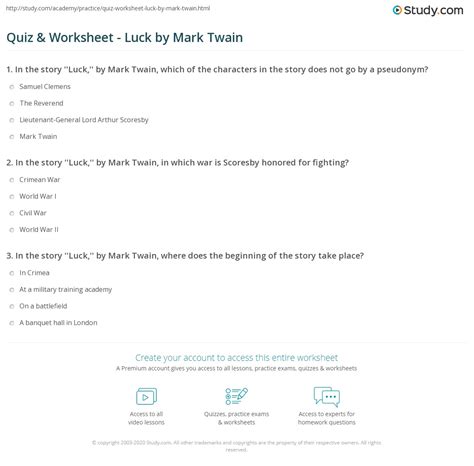 Quiz & Worksheet - Luck by Mark Twain | Study.com