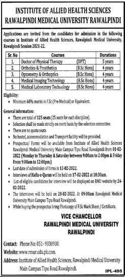 Rawalpindi Medical University (RMUR) IAHS Admissions 2021-22