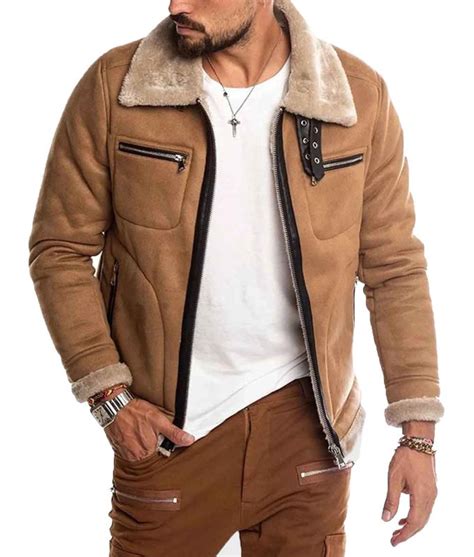 Men's WJE07 Casual Suede Brown Shearling Jacket - Jackets Expert