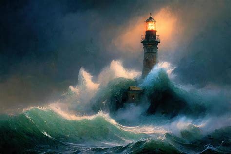 Lighthouse during storm at sea, oil or watercolor painting. 22633104 ...