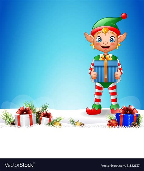 Christmas background with elf holding gift box Vector Image