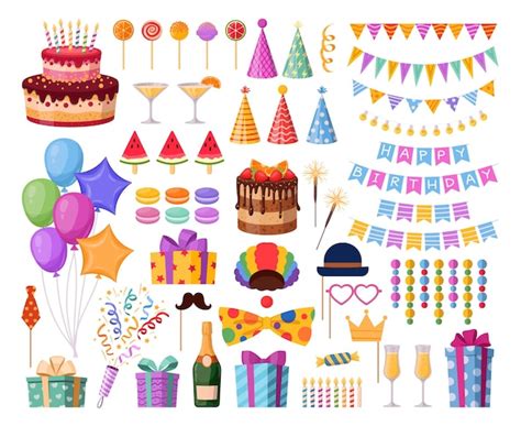 Premium Vector | Cartoon Birthday party decorations festive HB elements ...