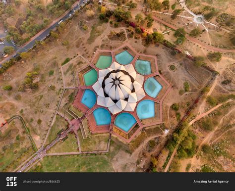 Aerial view above the Lotus Temple, Delhi, India stock photo - OFFSET