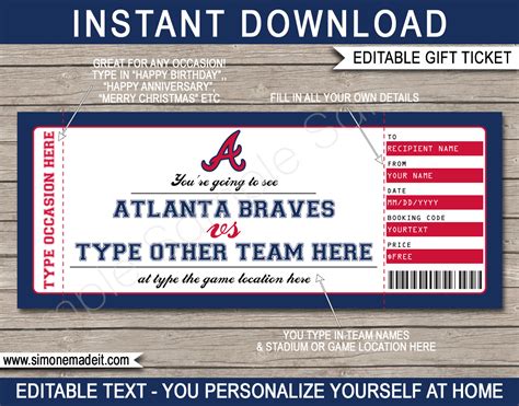 Atlanta Braves Game Ticket Gift Voucher | Printable Surprise Baseball ...