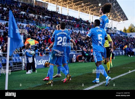 Players of Getafe FC celebrate a goal during the La Liga match between ...