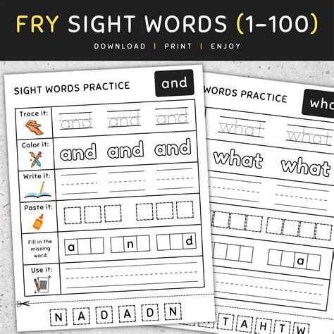 Fry Sight Words, 1-100: First 100, Sight Words Worksheets, [SET 2 ...