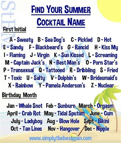 What's you summer cocktail name? | Cocktail names, Funny cocktails, Summer cocktails