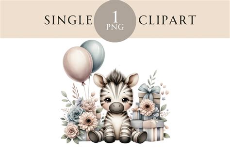 Birthday Zebra Clipart Baby Shower Party Animal Wall Art Graphics Balloons Presents Flowers ...