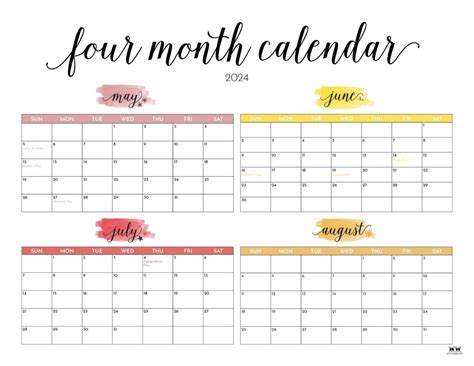 2024 Four Month Calendars - 18 FREE Printables | Printabulls